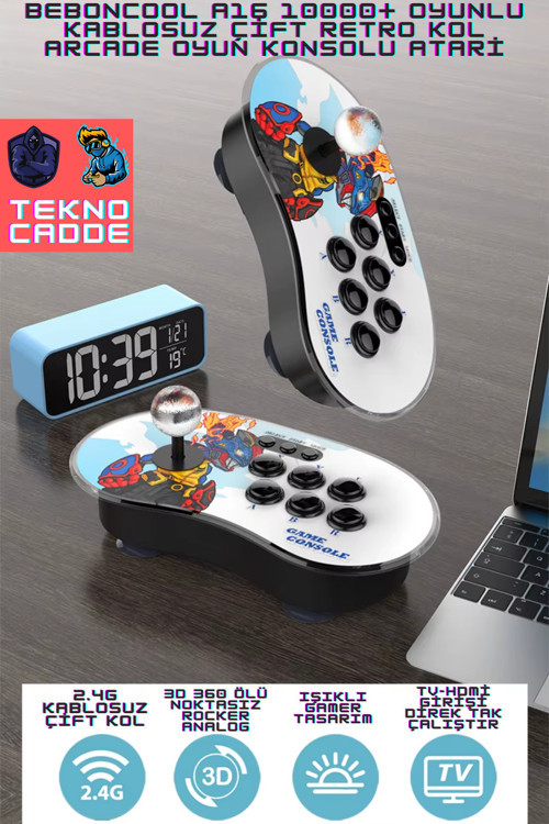 A16 10000+ OYUNLU Kablosuz Çift Retro Kol Arcade Oyun Konsolu Atari
