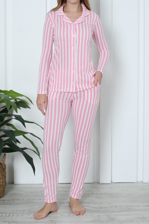 Kadın Pijama Uzun Kollu Düğmeli Pijama Takımı Cepli Pamuk PEMBE