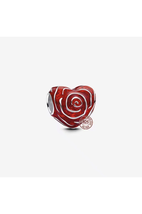 Gümüş Kırmızı Gül Kalp Charm