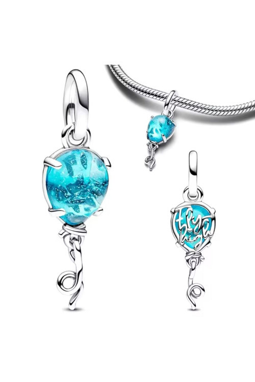 Gümüş Mavi Murano Cam Balon Sallantılı Charm