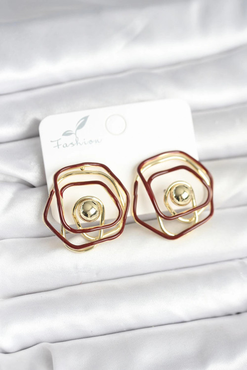 Pirinç Gold Renk Bordo Mineli Geometrik Gül Model Kadın Küpe