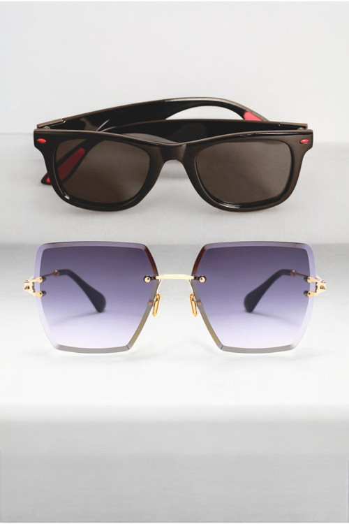 2'Li Fırsat Seti Kare Kesim Kristal Ve Wayfarer Kırmızı Detay Model Güneş Gözlükleri