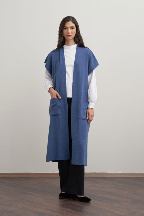 İndigo-Cepli Uzun Triko Yelek