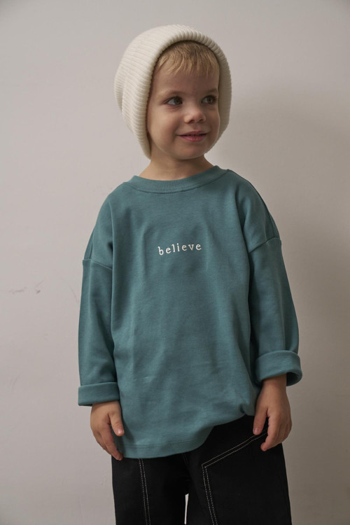 Yeşil Nakışlı Oversize Uzun Kollu T-shirt