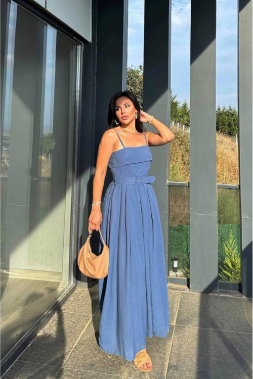 Modal Kumaş Askılı Kemerli Mavi Elbise