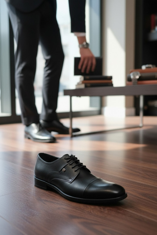 Erkek Hakiki Deri Klasik Ayakkabı Cap Toe Burun Detaylı Ve Pürüzsüz Saya Tasarımlı Bağcıklı Model