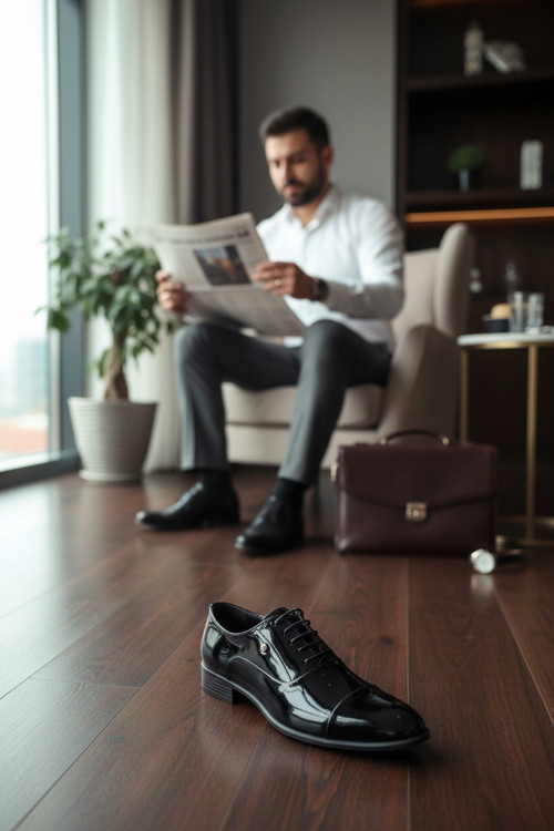 Erkek Hakiki Deri Siyah Klasik Ayakkabı Tam Parlak Rugan Saya Ve Cap Toe Burun Detaylı Bağcıklı Model