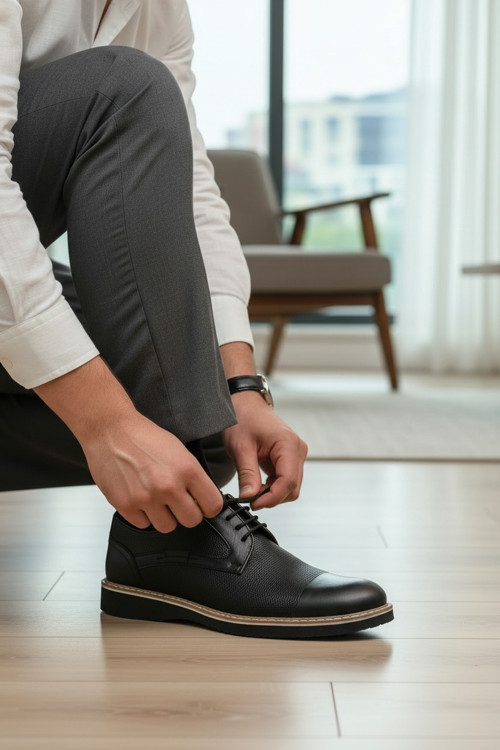 Erkek Hakiki Deri Klasik Ayakkabı Dokulu Saya Ve Hafif Comfort Tabanlı Bağcıklı Model