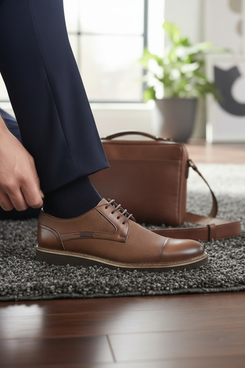 Erkek Hakiki Deri Klasik Ayakkabı Dokulu Saya Ve Hafif Comfort Tabanlı Bağcıklı Model