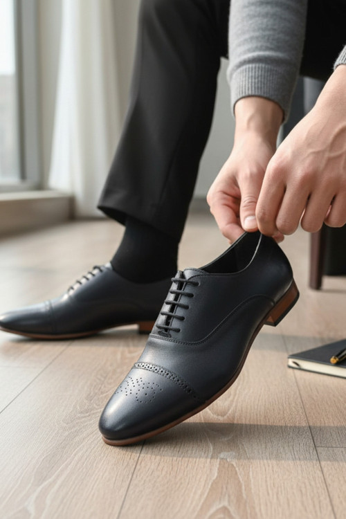 Erkek Siyah Hakiki Deri Klasik Ayakkabı Brogue Detaylı Cap Toe Burunlu Ve İnce Meşin Tabanlı Bağcıklı Model