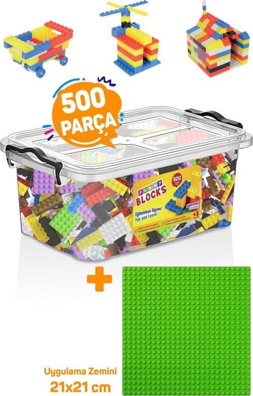 Yeşil Uygulama Zeminli Mikro Blok Funny Blocks 500 Parça Plastik Kutulu