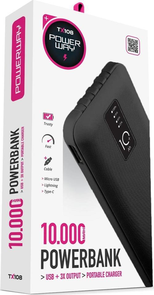 10.000 Mah Kablolu Dijital Göstergeli Gerçek 10.000 Mah Garantili İnce Tasarım TX108 Siyah Powerbank