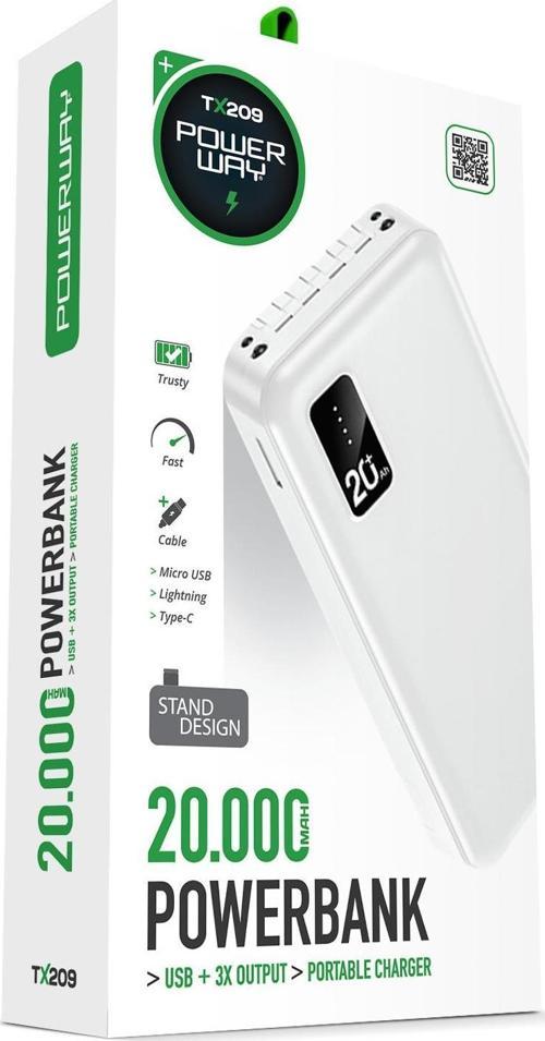 20.000 Mah Kablolu Dijital Göstergeli 20.000 Mah Garantili Dahili Stand TX209 Beyaz Powerbank