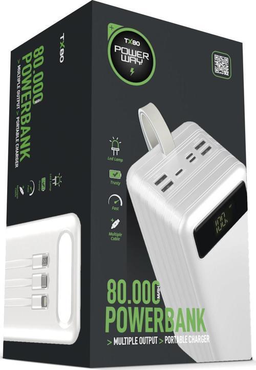 80.000 Mah Kablolu Dijital Göstergeli Gerçek 80.000 Mah Garantili Işıklı Kamp TX80 Beyaz Powerbank