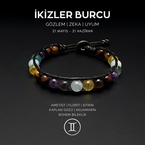 El Yapımı İkizler Burcu Bohem Bileklik – Akumarin, Sitrin, Kaplangözü, Ametist ve Florit Taşlı