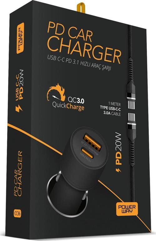 CC36 3.1A PD20W Type-C to Type-C Hızlı Şarj Yeni Nesil Araç Şarj Aleti Çakmaklık