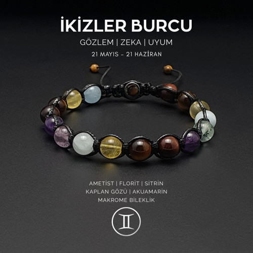 El Yapımı İkizler Burcu Makrome Bileklik – Akumarin, Sitrin, Kaplangözü, Ametist ve Florit Taşlı