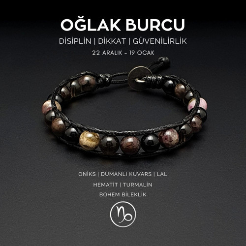 El Yapımı Oğlak Burcu Bohem Bileklik – Oniks, Dumanlı Kuvars, Lal, Hematit ve Turmalin Taşlı