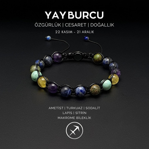 El Yapımı Yay Burcu Makrome Bileklik – Ametist, Turkuaz, Sodalit, Lapis ve Sitrin Taşlı