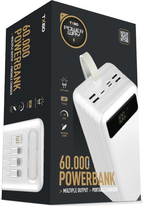 TX60 Beyaz Çoklu Çıkış Dijital Göstergeli Ekstra Kablolu 60.000 mAh (Gerçek 60.000 mAh Garantili) Powerbank