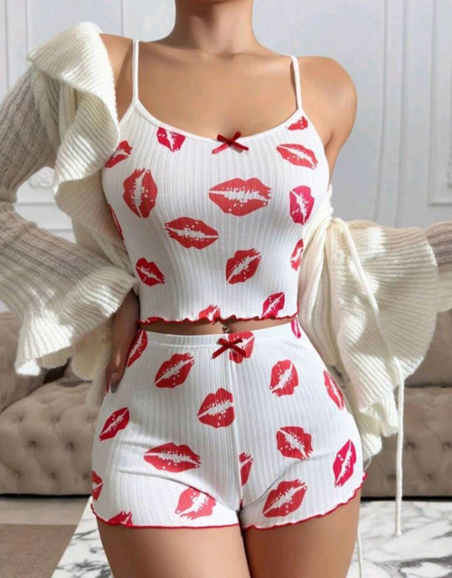 Kadın Beyaz Dudak Desenli Seksi Gecelik Takım 5021