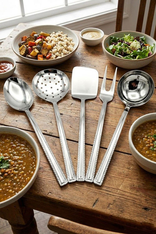 5li Çelik Spatula Servis Kaşığı Çatalı Kevgir Kepçe Takımı Seti İnci