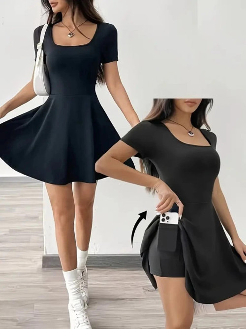 Kadın Kısa Kollu Kare Yaka Short Detaylı Cepli Dalgıç Elbise