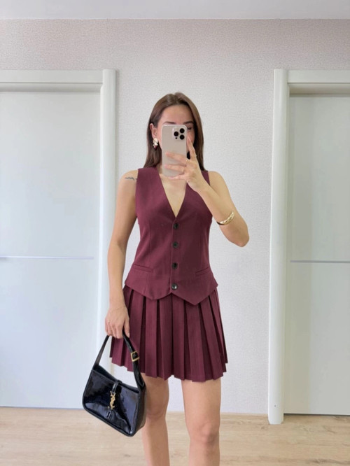 Takım Görünümlu Yelekli Mini Elbise- Bordo