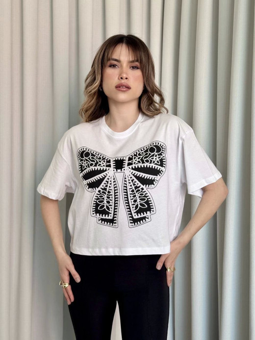 Miku Design Oversize Beyaz baskılı crop tişört