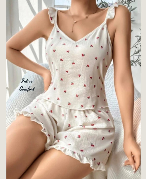 Intive Comfort Kiraz Desenli Fırfır Detatlı Ekru Pijama Şort Büstiyer Takım