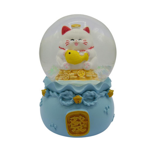 Maneki Neko Şans Kedisi Işıklı Kar Küresi Mavi 9cm