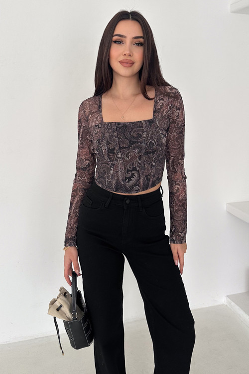 Kadın Paisley Desenli Kare Yaka Bluz – Rust Bloom