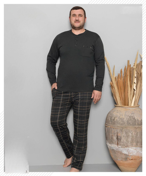 Erkek Battal Düğme Yaka Penye Uzun Kol İnce Pijama Takımı 6720/11 - 1 Adet