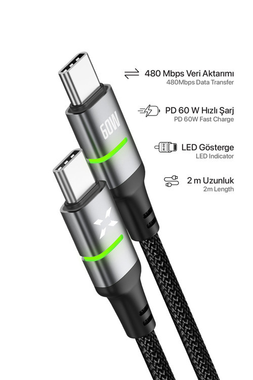 Xenon Smart Type C Hızlı Şarj Kablosu | Type-C to Type-C, 60W, 480 Mpbs, 2m, PD, Örgü, Led Göstergeli (X6422) 4