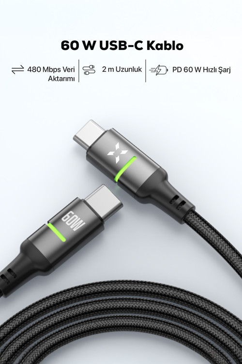 Xenon Smart Type C Hızlı Şarj Kablosu | Type-C to Type-C, 60W, 480 Mpbs, 2m, PD, Örgü, Led Göstergeli (X6422) 6