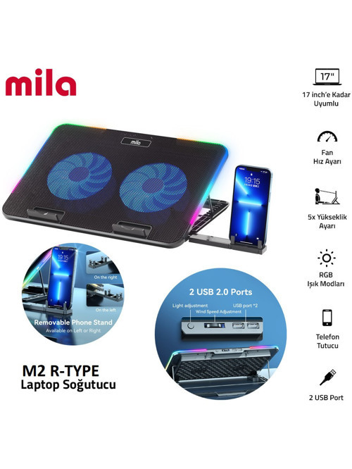 Mila Serisi M2 R-TYPE 13-17 inch RGB Işıklı, 2 Büyük Fan, Telefon Standı,2 USB Notebook