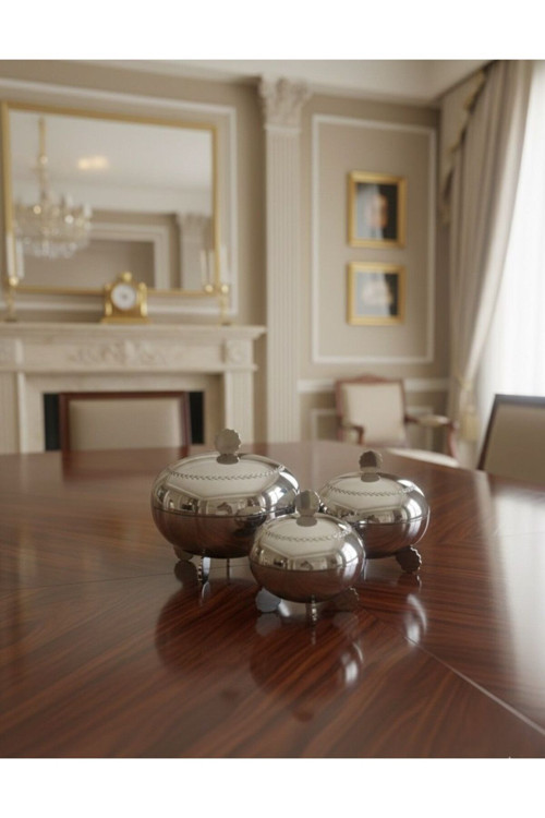 Pirinç Gümüş 3'Lü Küçük-Orta-Büyük Kapaklı Şekerlik