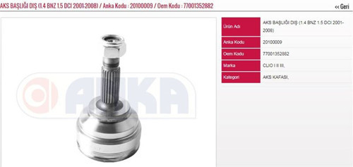 Aks Kafası Clıo 1,4 Benzınlı-1,5Dcı 01-08 (Dıs Freze:21-Ic Freze:28) (1 Ad )