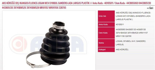 Aks Körüğü Dış Plastik Renault Fluence Kangoo Dacıa Logan Mcv Sandero Largus (1 Ad )