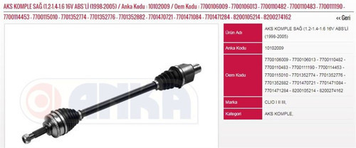 On Aks Sağ Abslı Clıo Iı 1,2/1,4/1,6 8V 16V 98--> (Ic Freze:23-Dıs Freze:21-Uzunluk:715-Abs Halkası (1 Ad )