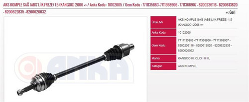 On Aks Sağ Abslı Kangoo 06-08-Clıo 1,5 Dcı 06--> Kalın Freze (Ic Freze:23-Dıs Freze:23-Uzunluk:724-A (1 Ad )