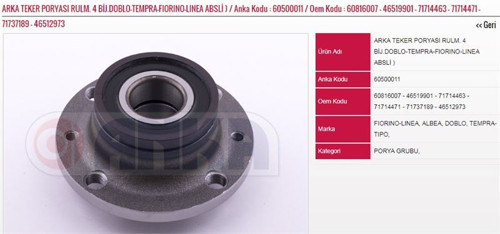 Arka Teker Poryası Rulm. 4 Bij.Absli (36X116X61) Fıat Doblo 00-10-Tempra-Fıorıno-Lınea (1 Ad )