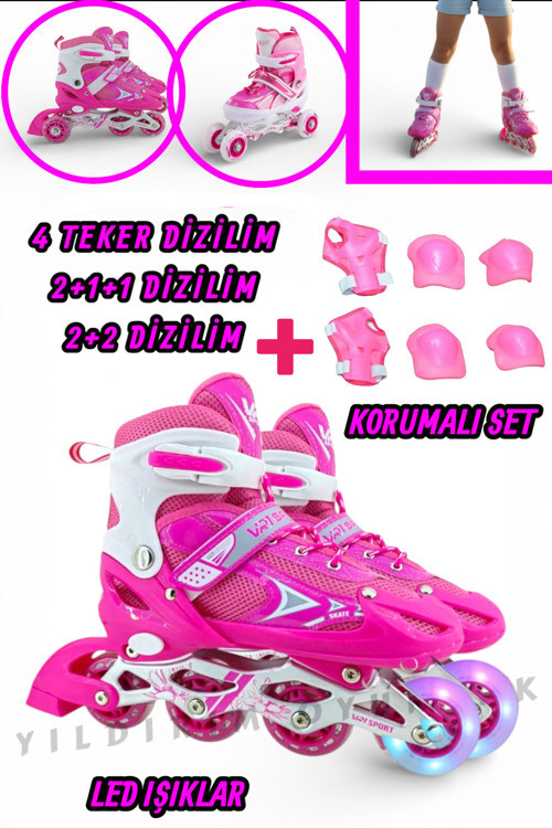 Silikon Tekerli Işıklı Ayarlanabilir Çocuk Pateni 2+1+1 2+2 Ve Tek Sıra 3İn1 Dizlik Dirseklikli Set