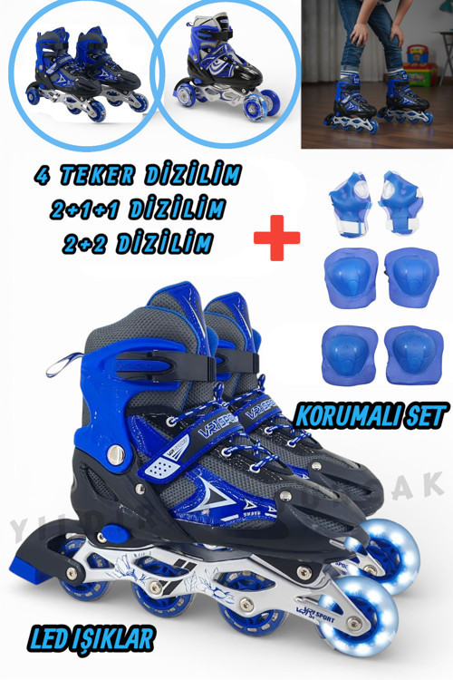 Silikon Tekerli Işıklı Ayarlanabilir Çocuk Pateni 2+1+1 2+2 Ve Tek Sıra 3İn1 Dizlik Dirseklikli Set