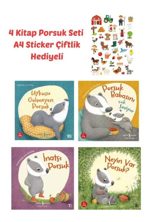 Sticker Hediyeli 4 Kitap Porsukset , İnatçı, Neyin Var, Babasını Çok Seviyor, Uykusu Gelmeyen Porsuk