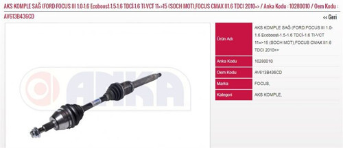 Aks Komple Sağ (Ford:Focus Iıı 1.0-1.6 Ecoboost-1.5-1.6 Tdci-1.6 Tı-Vct 11=>15 (Soch Mot) (1 Ad )