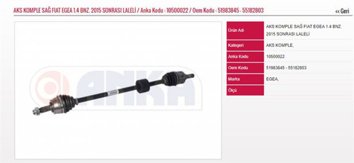 Aks Komple Sağ Laleli (Fıat:Egea 1.4 16V 15=> ) (1 Ad )
