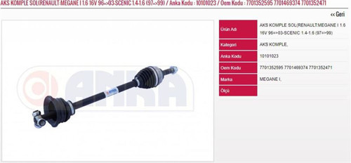 Aks Komple Sol 1.4-1.6-1.9-2.0 96=> Renault Megane I (1 Ad )