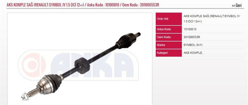On Aks Komple Sağ Symbol Iv-Sandero Iı 1,5Dcı K9K 12=> (1 Ad )