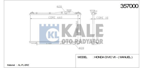 Radyatör Honda Cıvıc Vıı 1.4-1.6 16V 01-->(Mt) (350*658*16) Al/Pl/Brz (1 Ad )